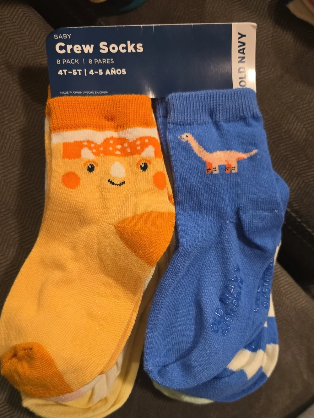 Old Navy Kids Crew Socks — Orange & Blue Dino Faces 8pk